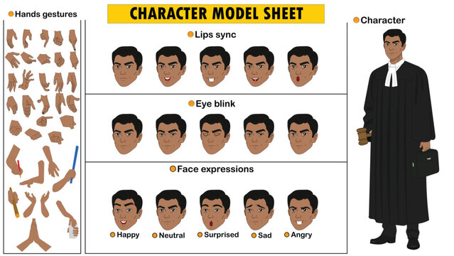 Lawyer Character Constructor Kit. Customizable Legal Character Model Sheet in Formal Court Attire.