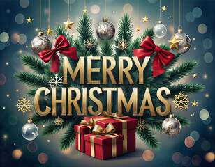 Merry Christmas Text with Pine Branches, Ornaments and Gift Box Decoration
