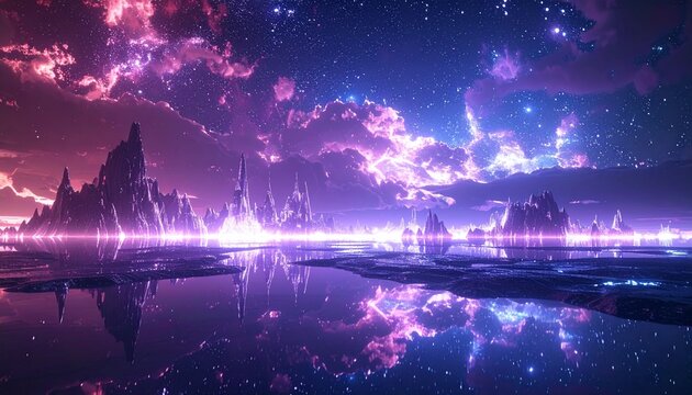 Enchanted metaverse skyline where light structures pulse gently, mirrored terrain reflects digital stars, and holographic energy flows through the air