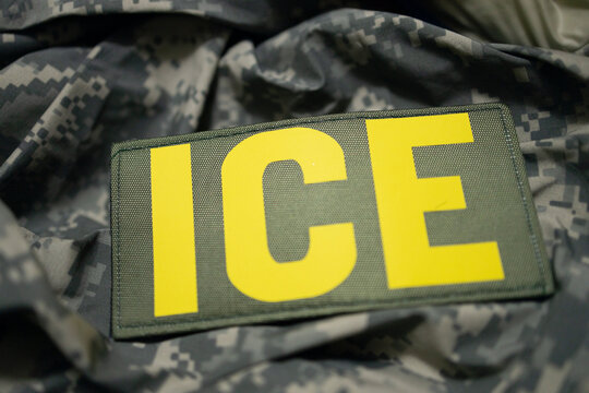 Detail of an ICE patch used by law enforcement in the USA to detain immigrants.