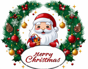 Cute Cartoon Santa with Gift Inside Christmas Wreath and Merry Christmas Text