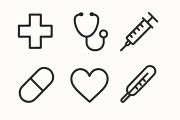 Obraz premium Medical icons: cross, stethoscope, syringe, pill, heart, thermometer