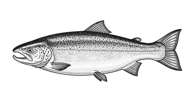 Detailed black and white salmon outline for aquatic and culinary design