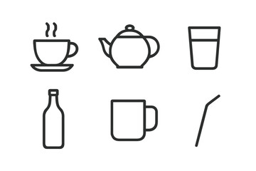 Line art beverage icons: cup, teapot, glass, bottle, mug, straw