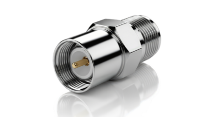 Closeup of a shiny silver fconnector isolated on transparent background, a coaxial rf connector commonly used for cable television, satellite receivers, and modems