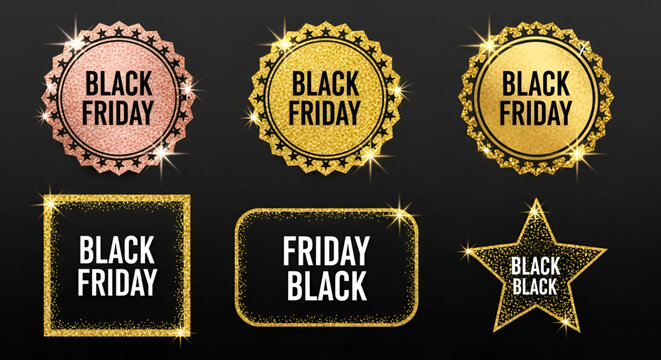 Black friday banner mockup. A festive golden, glowing frame that is strewn with gold dust.
