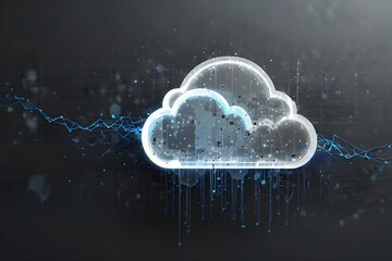 Data storage and cloud technology concept with blue wire connected to white pixelate cloud on abstract light grey background. Generative Ai	