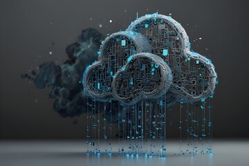 Data storage and cloud technology concept with blue wire connected to white pixelate cloud on abstract light grey background. Generative Ai	