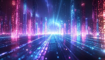 Abstract metaverse environment with luminous data streams, floating architecture, and prismatic light beams creating a sense of magical digital wonder