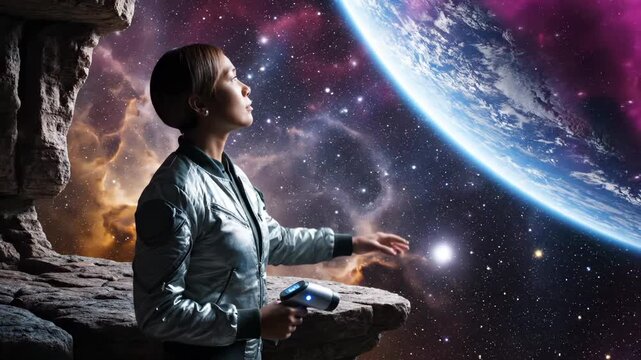 astronaut in spacesuit stands on cliff ledge. astronaut reaches with gesture toward planet and earth. helmet and tablet held in hand. nebula fills distant sky. cosmic mist casts purple glow.