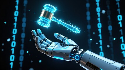 A robotic hand holding a glowing holographic gavel in dark tech scene showing ai law, productivity and efficiency