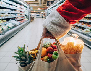 Santa Claus Hand Holding Grocery Bag in Supermarket Aisle