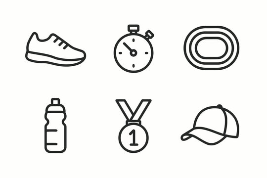 Running icons: shoe, stopwatch, track, water bottle, medal, cap