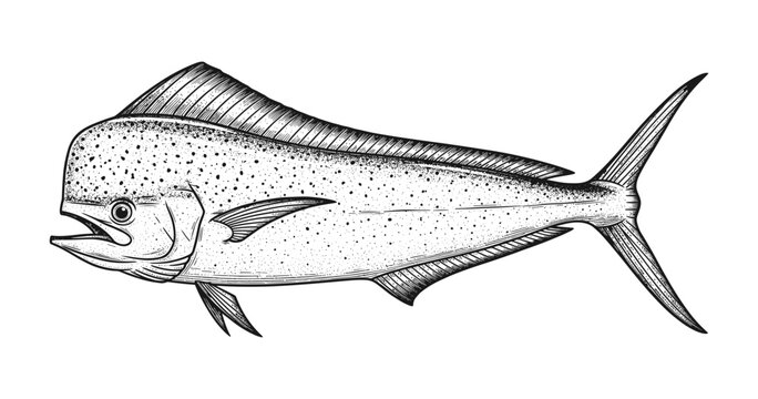 Detailed black and white mahi mahi fish illustration with textured patterns