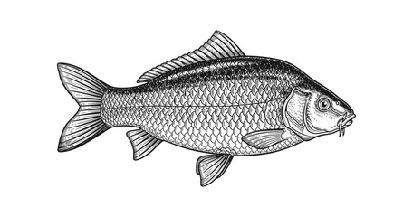 Fototapeta premium Detailed black and white ink drawing of a common carp fish