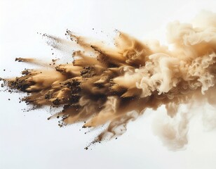 Abstract Brown Powder Explosion with Dynamic Smoke Effect on White Background