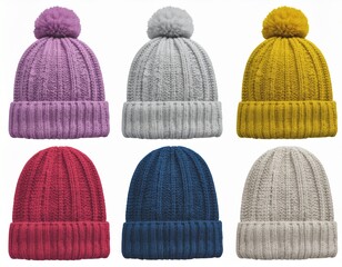 Set of Colorful Knitted Winter Beanies with Pom-Poms Isolated on White Background