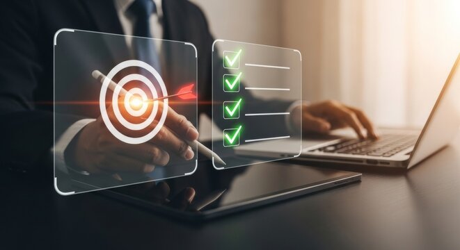 Business Precision: A person in a suit, meticulously navigating a laptop while virtual elements symbolizing business goals and task completion float seamlessly.