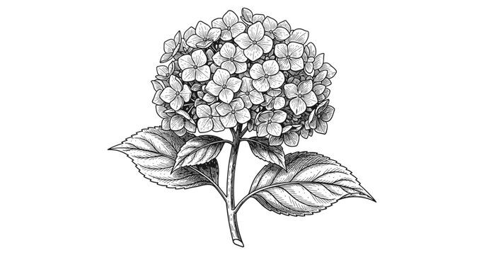 Intricate line art of hydrangea flower with leaves on white background