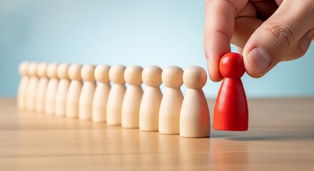 Leadership Selection: A symbolic image showing a hand selecting a red figure from a line of wooden figures, representing leadership, choice, and distinction.