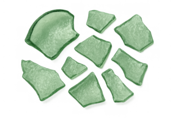 Green sea glass pieces creating a border or frame, broken recycled glass fragments on a transparent background