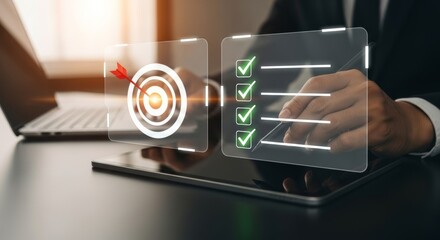 Hitting the Mark: A modern workspace comes alive with digital interfaces, showing precise goal setting. Success is visualized through the use of technology.