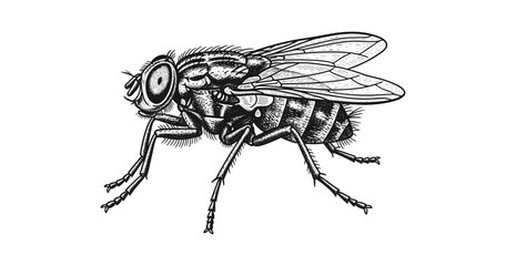 Detailed black and white engraving of a house fly side view with intricate line work