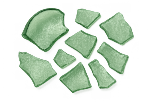 Green sea glass pieces creating a border or frame, broken recycled glass fragments on a transparent background