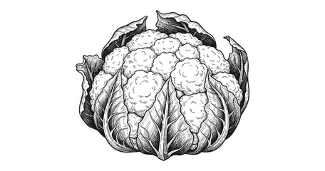 Detailed black and white cauliflower drawing with intricate line art design