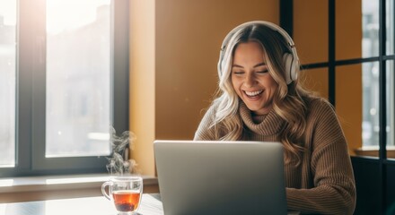 Joyful Remote Work: A radiant young woman, immersed in her tasks, works happily from home, listening with headphones. Bathed in natural light, she radiates positivity and productivity.
