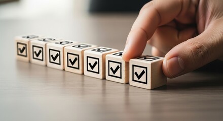 Checklist Cubes: A close-up shot showcasing a hand arranging checklist cubes on a table, symbolizing progress, verification, and task completion. Capturing a sense of order and precision.