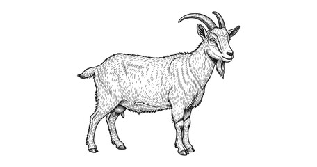 Highly detailed black and white goat drawing with intricate line art for nature themes