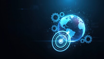 A holographic earth with rotating gears and target symbol showing global operations, productivity and efficiency