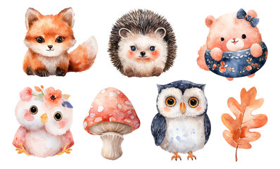 Fototapeta premium Cute Watercolor Fantasy Animals and Objects on Transparent Background
