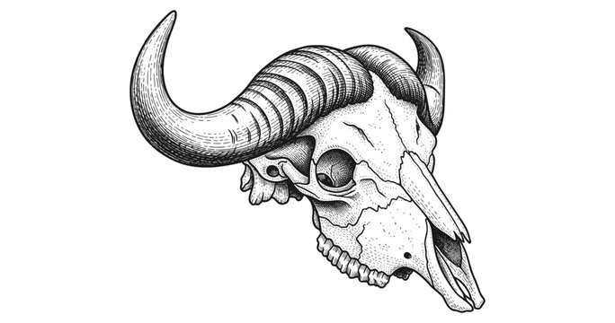 Intricate stylized buffalo skull with detailed horns on white background