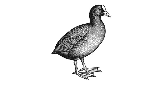Detailed engraving of a common coot with red eyes and textured feathers