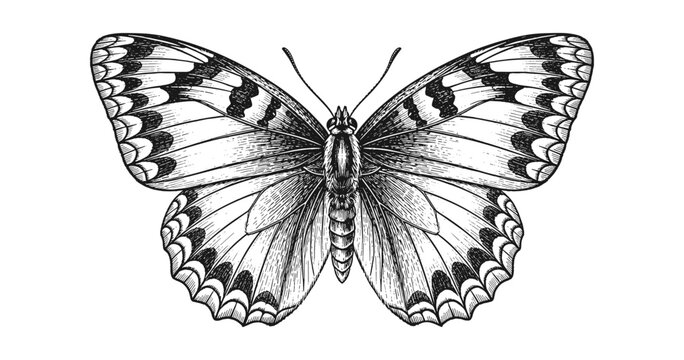 Intricate butterfly design in detailed black and white ink drawing style