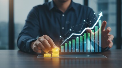 A hands placing golden digital coins with rising holographic charts showing growth, productivity and efficiency