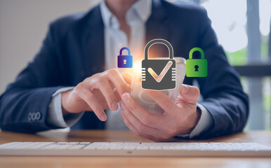 Businessman using AI cybersecurity touching on virtual screen key lock for secure access, multi factor authentication, digital lock icon, cyber security interface