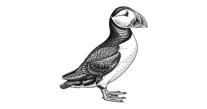 Detailed vintage puffin drawing with monochrome style in profile view