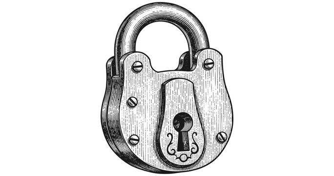 Intricate black and white vintage padlock with keyhole design engraving