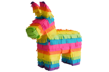 Colorful donkey pi ata with bright fringe isolated on transparent background