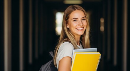 Radiant Study Hall: A cheerful female student, adorned with a warm smile, strides confidently through a college hallway, embracing the journey of learning. 