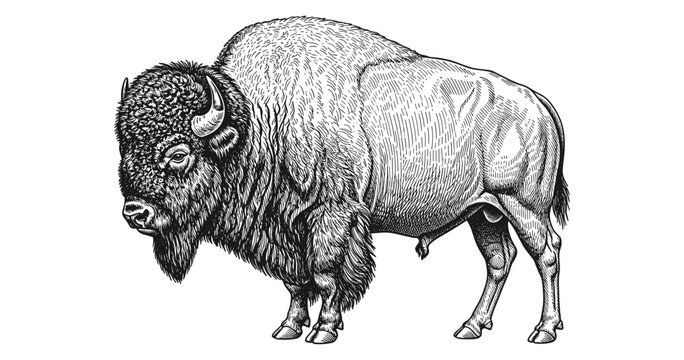 Detailed ink drawing of a majestic american bison in profile view