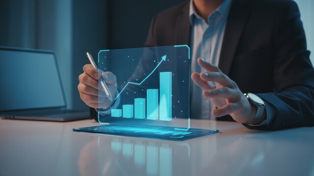 A person using a holographic charts above tablet showing rising yearly growth, productivity and efficiency