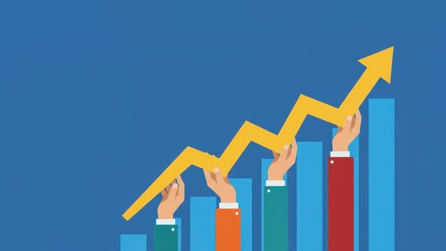 A many hands lifting sharp yellow arrow showing teamwork support and progress, productivity and efficiency