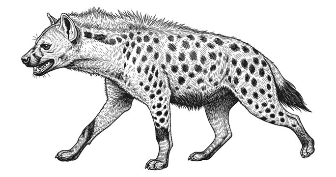 Detailed black and white hyena sketch with intricate fur and spots