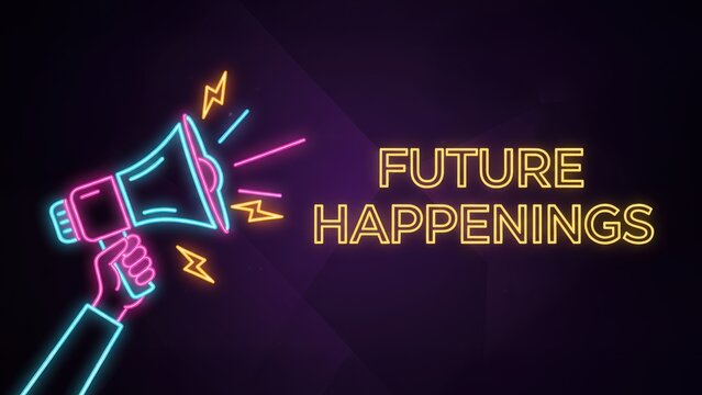 A neon hand with megaphone sending glowing waves advertising future events, productivity and efficiency