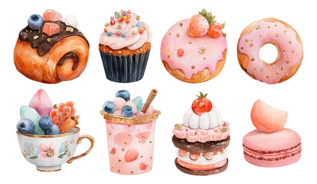 Colorful Watercolor Dessert Collection with Sweet Treats and Pastry Designs