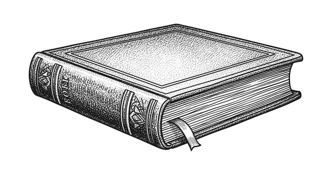 Vintage engraved book with bookmark in detailed ink style